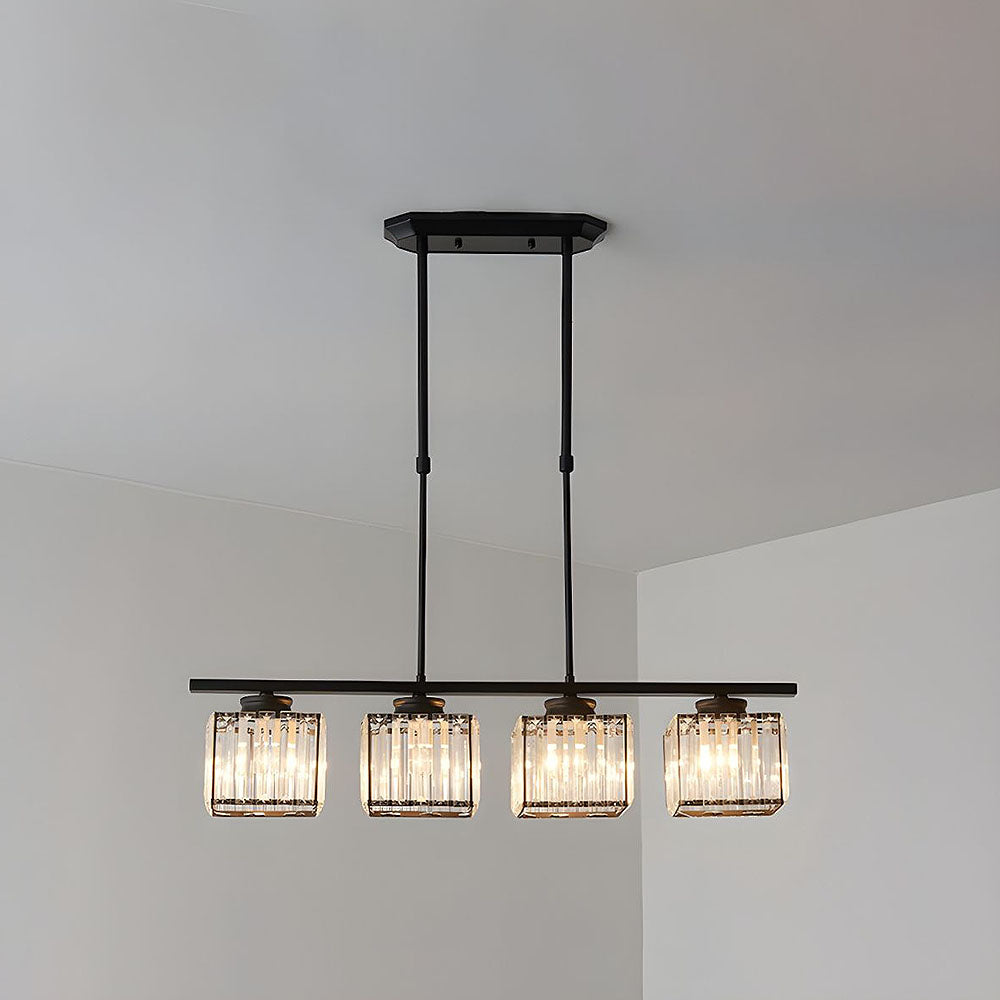 Black 4-light square ribbed glass pendant light isolated against a light grey ceiling