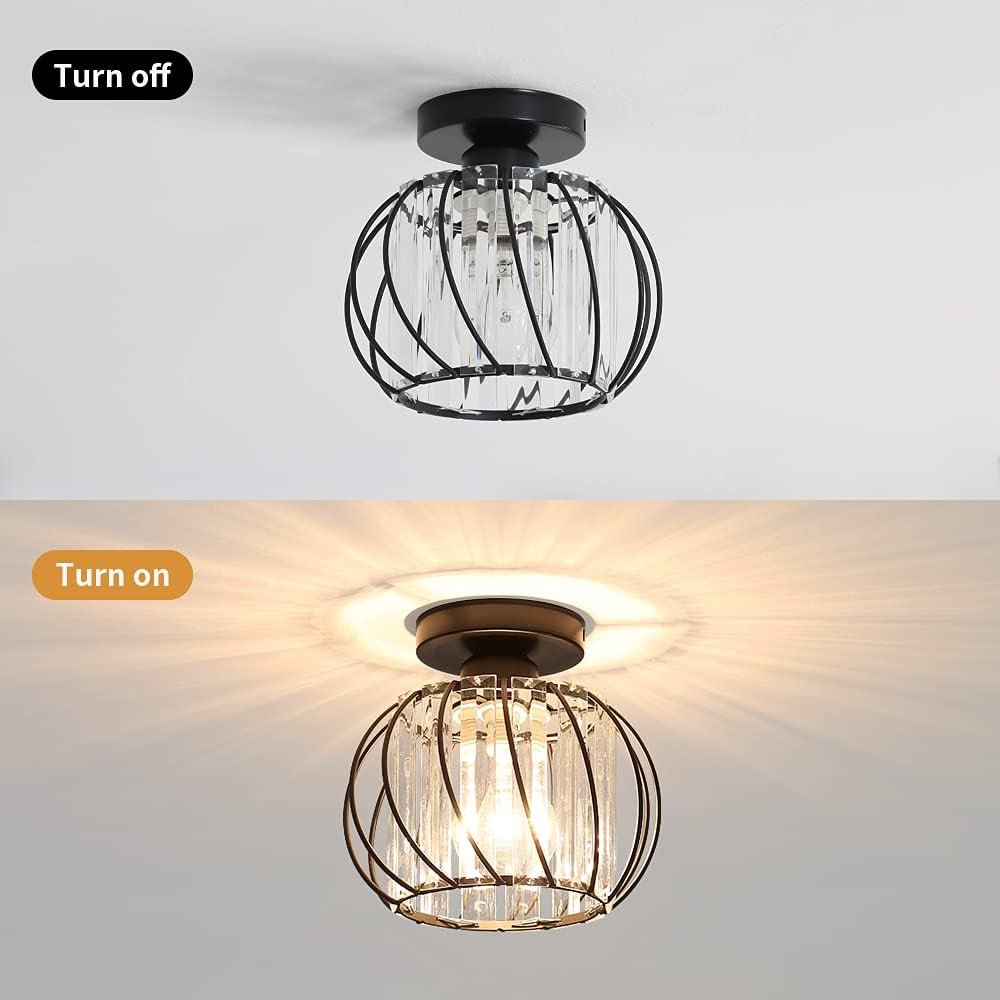 Comparison of the black crystal cage ceiling light turned off and turned on, highlighting the brilliant sunburst effect