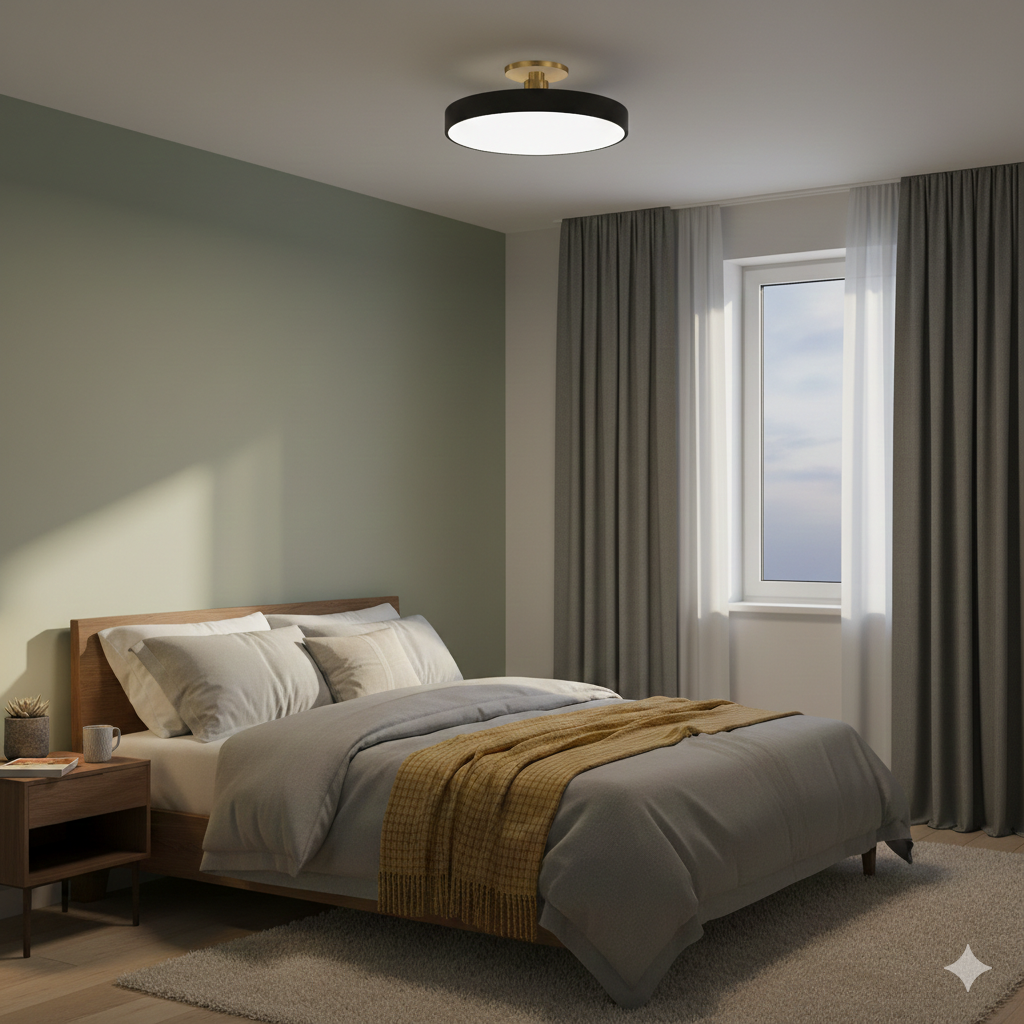 Black drum ceiling light installed in a sleek, modern grey bedroom interior