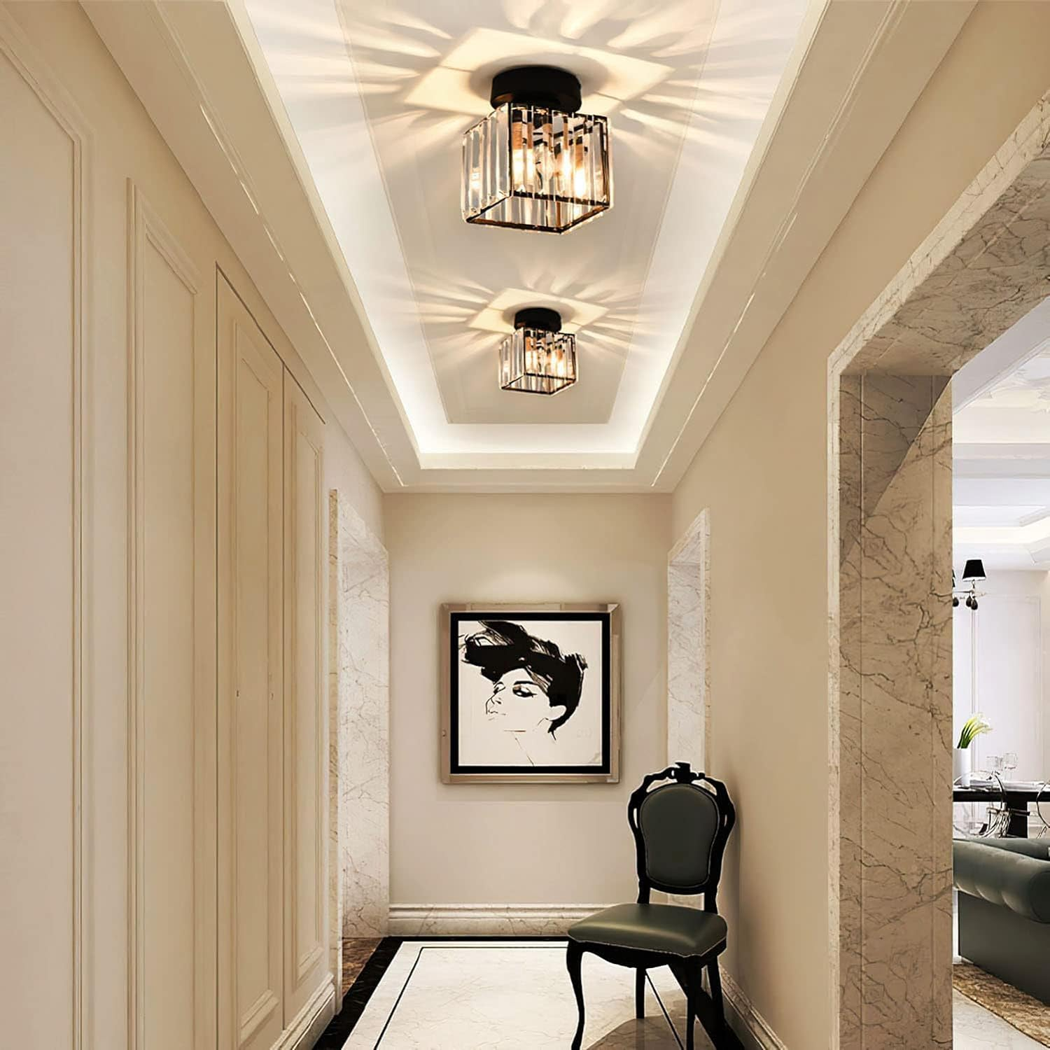 Black geometric square crystal mini chandelier installed in a narrow home hallway