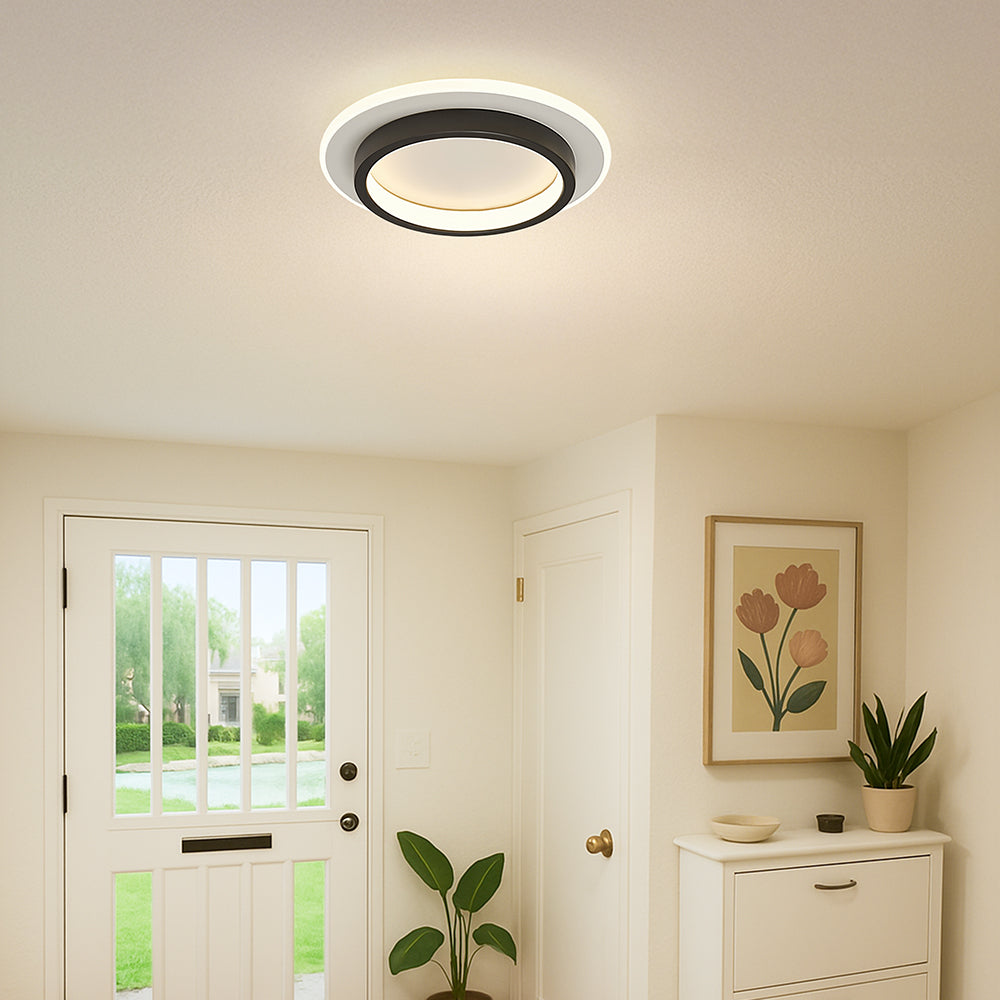 Modern black halo LED ceiling light installed in a bright entryway with a white door