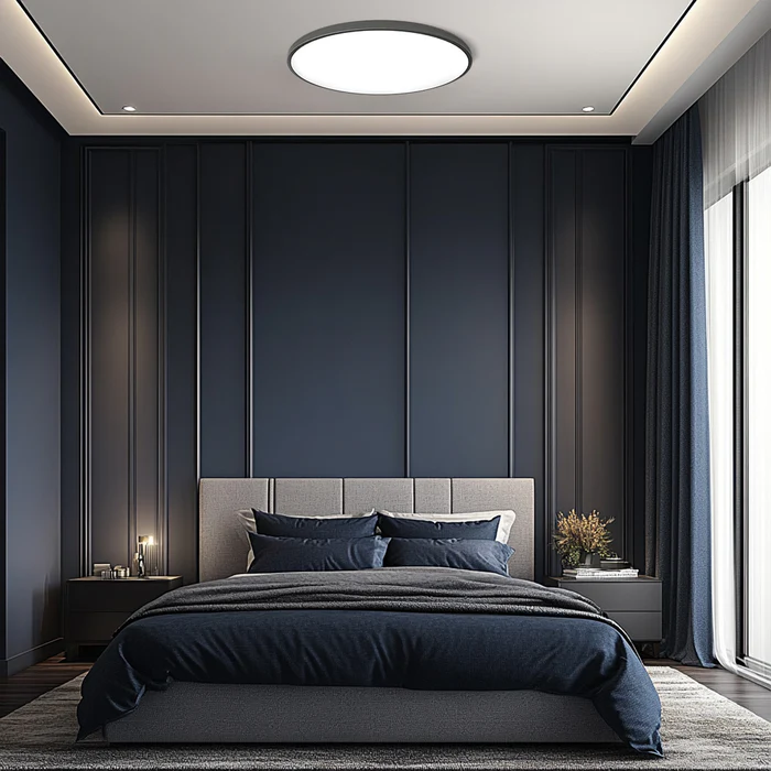 black ultra-thin LED flush mount ceiling light contrasting beautifully in a dark blue bedroom