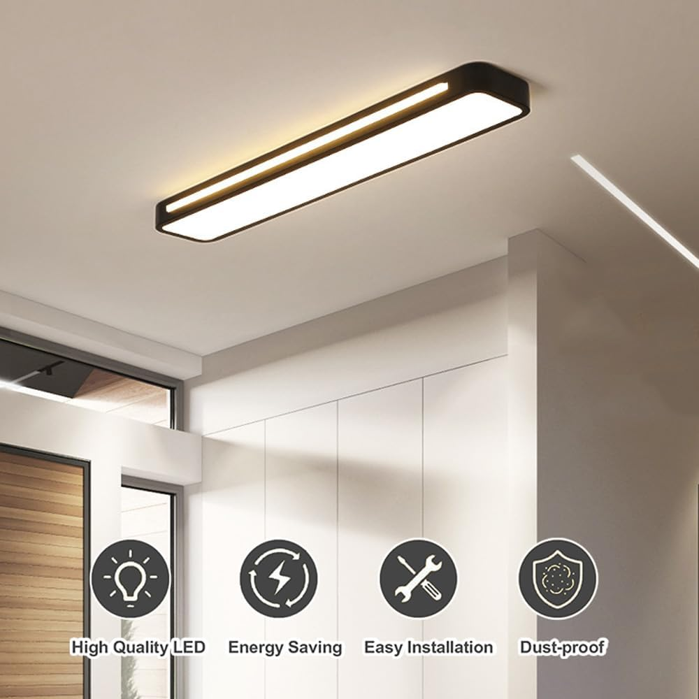 Black modern linear LED ceiling lamp highlighting energy-saving and ultra-thin design features