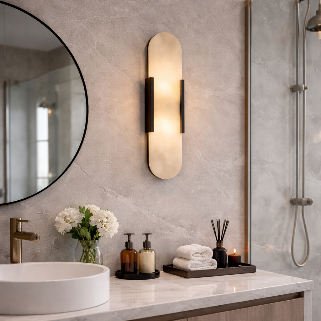 black natural marble wall sconce illuminating a modern bathroom vanity mirror.