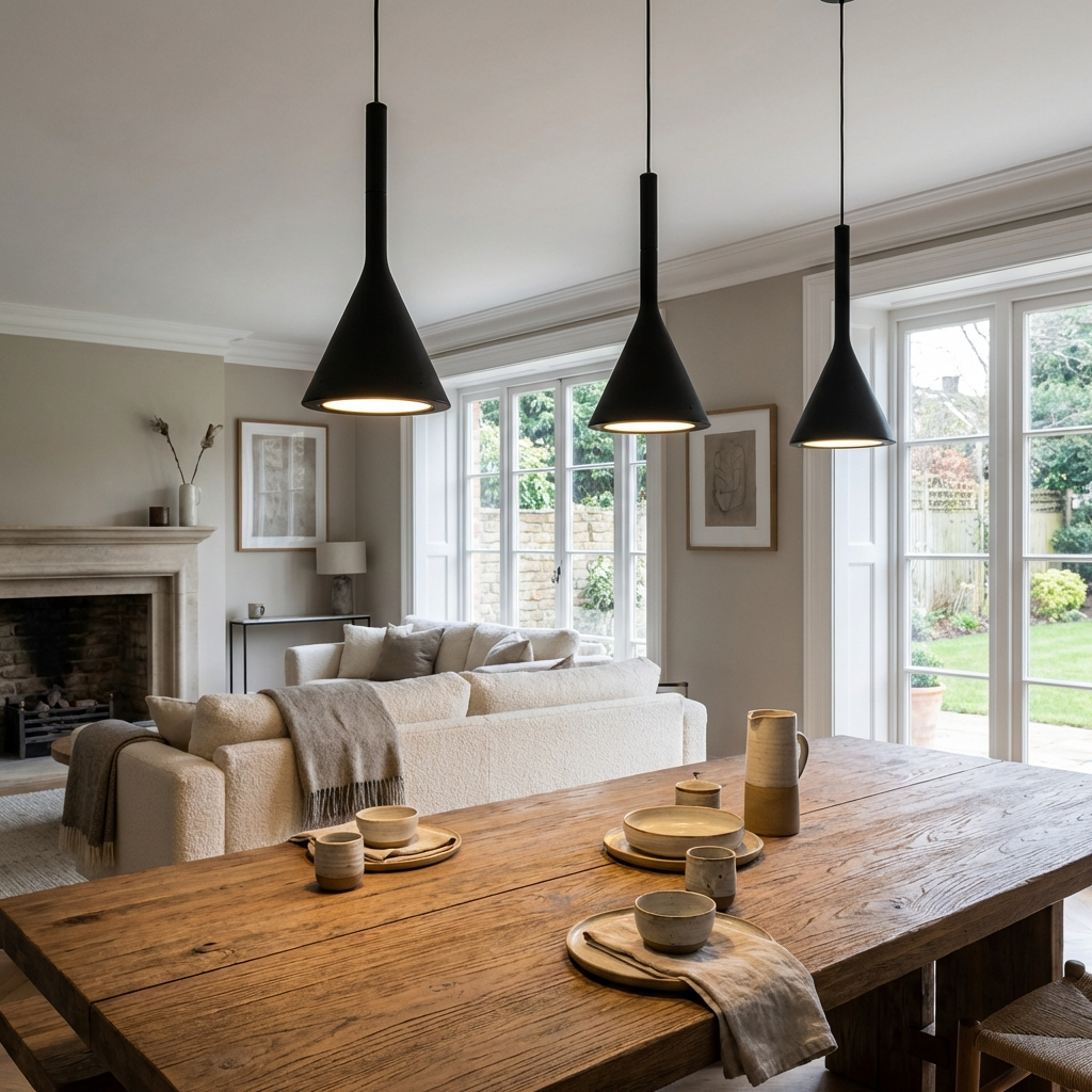 Black Nordic pendant lighting creating a striking focal point above a rustic dining table
