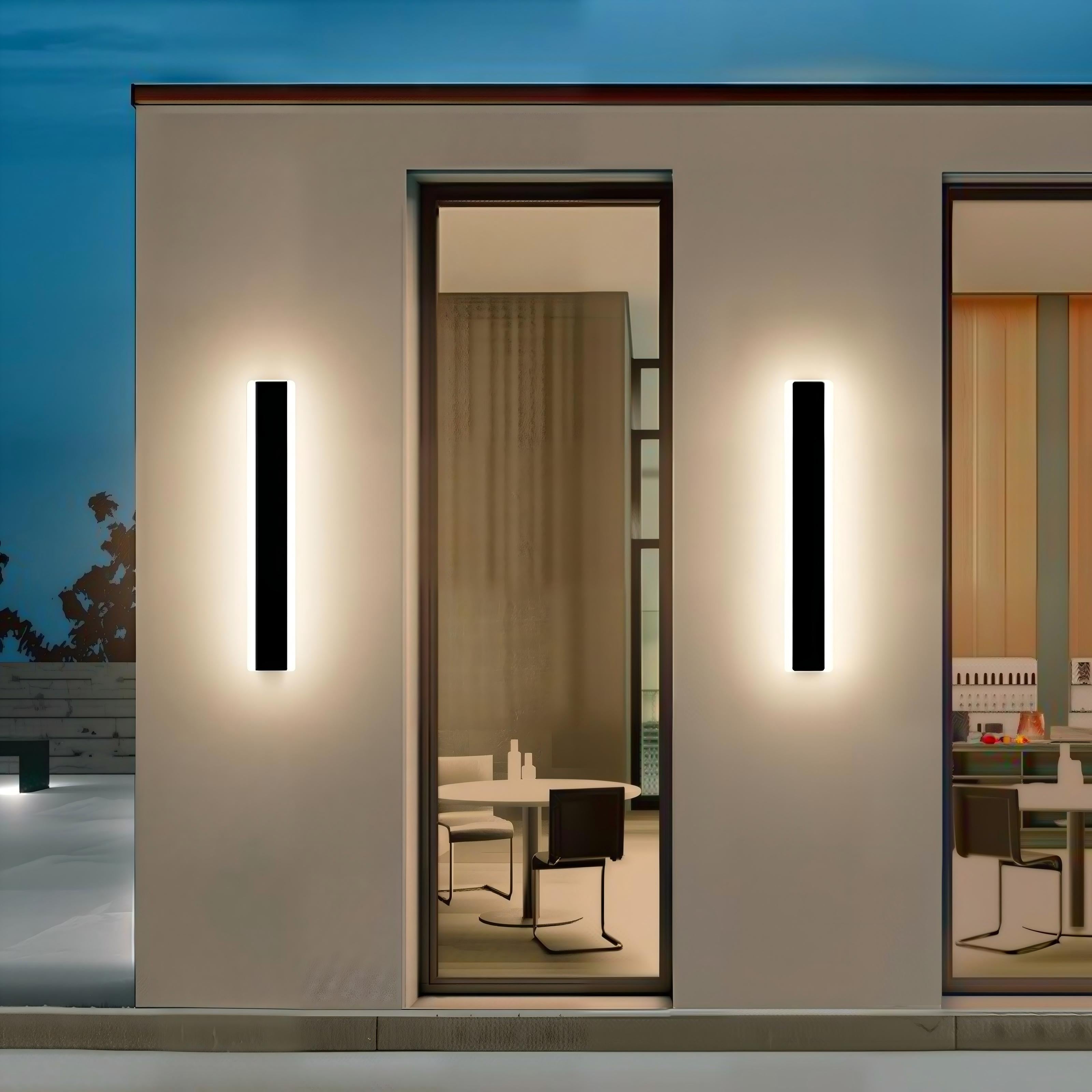 Pair of black rectangular LED porch lights framing modern glass patio doors