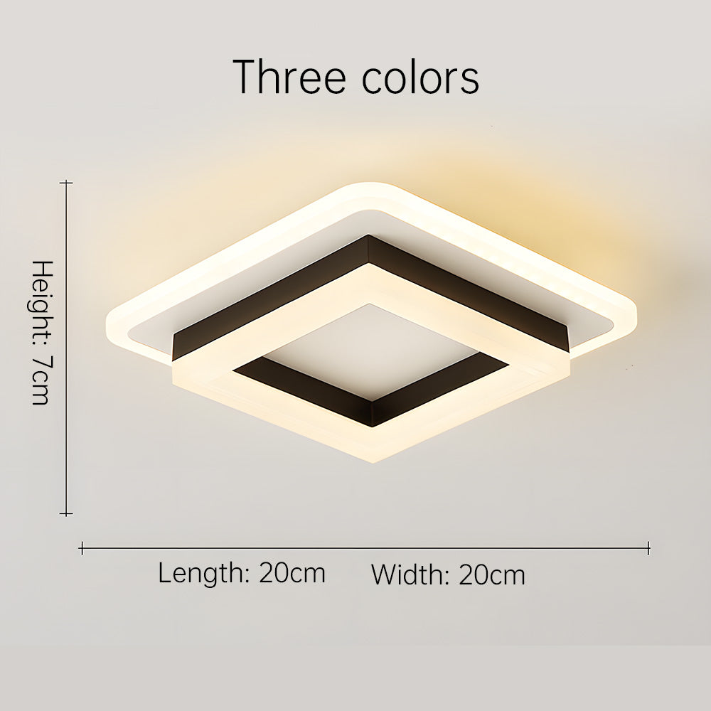 Dimensions and three-colour light shifting display for the modern black geometric square ceiling fixture