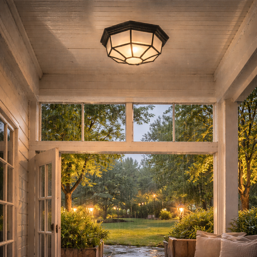 black vintage exterior flush mount light glowing warmly on a porch ceiling at dusk