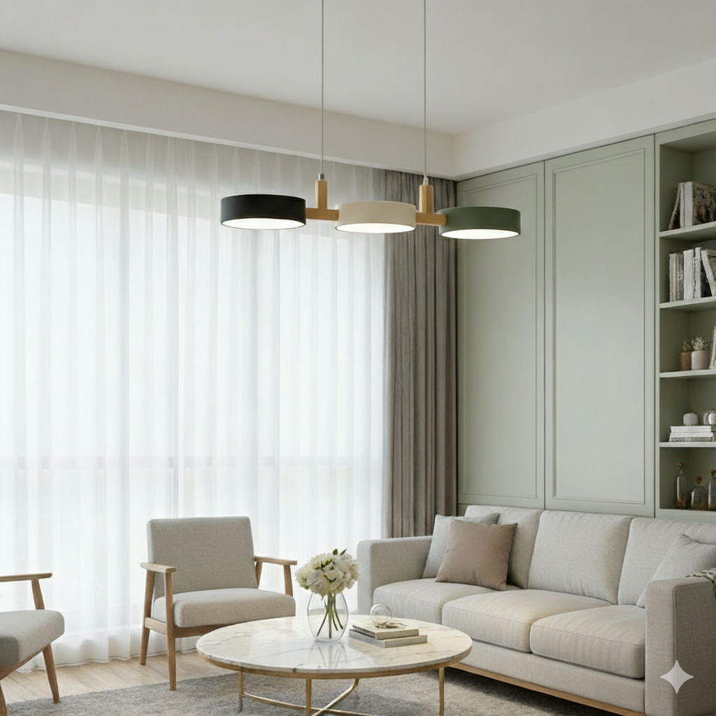 Black, white, and green linear pendant light in a serene, modern living room setting