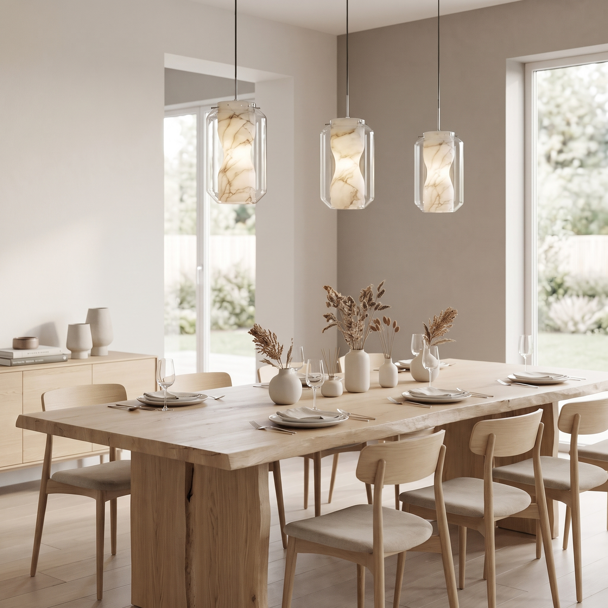Bozla alabaster glass pendant lights hanging above a dining table in a modern British minimalist dining room