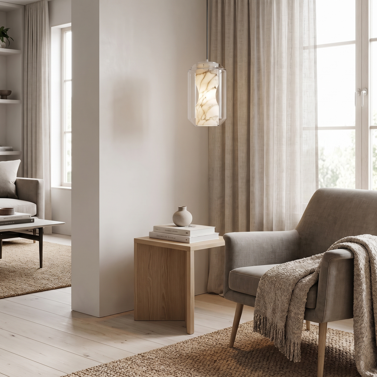 Bozla alabaster glass pendant light styled in a modern British minimalist interior