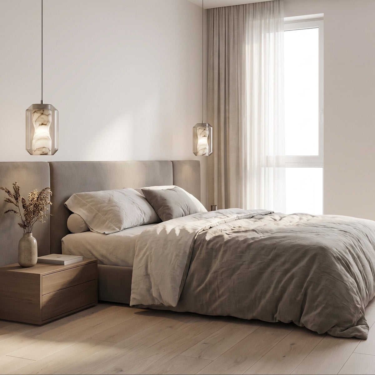 Bozla alabaster glass pendant light above a bedside table in a modern British minimalist bedroom