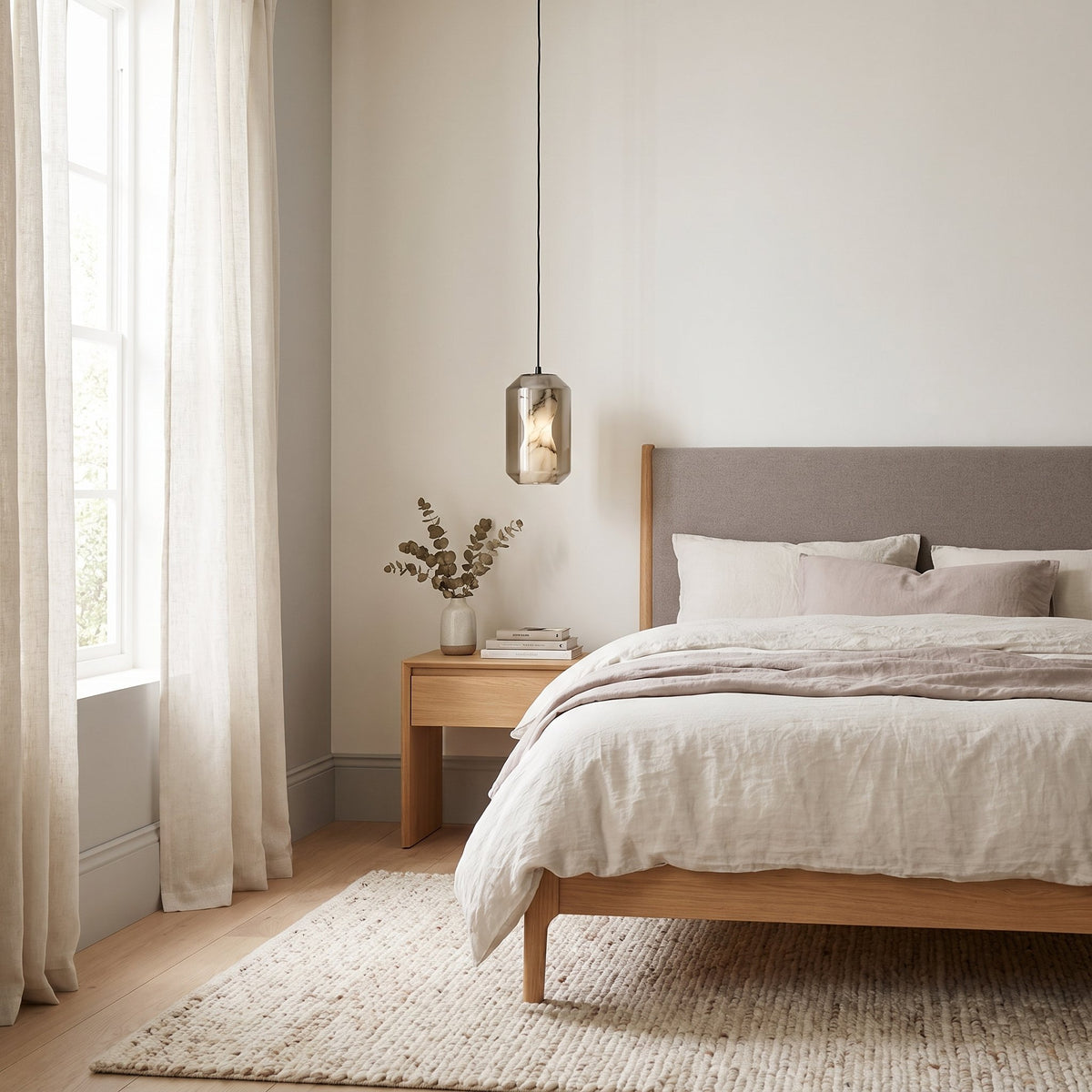 Bozla alabaster glass pendant light hanging in a modern British minimalist bedroom