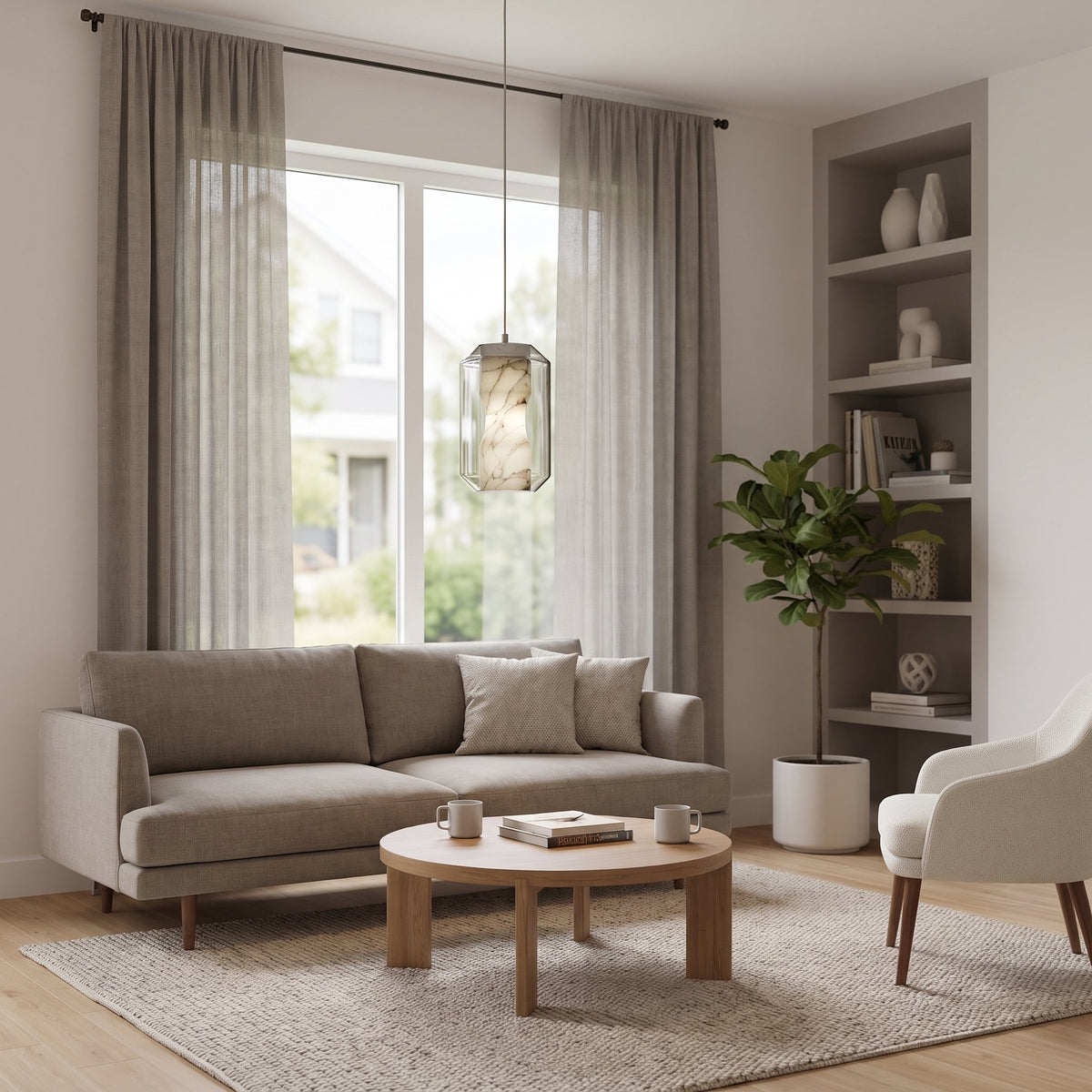 Bozla alabaster glass pendant light in a modern British minimalist living room