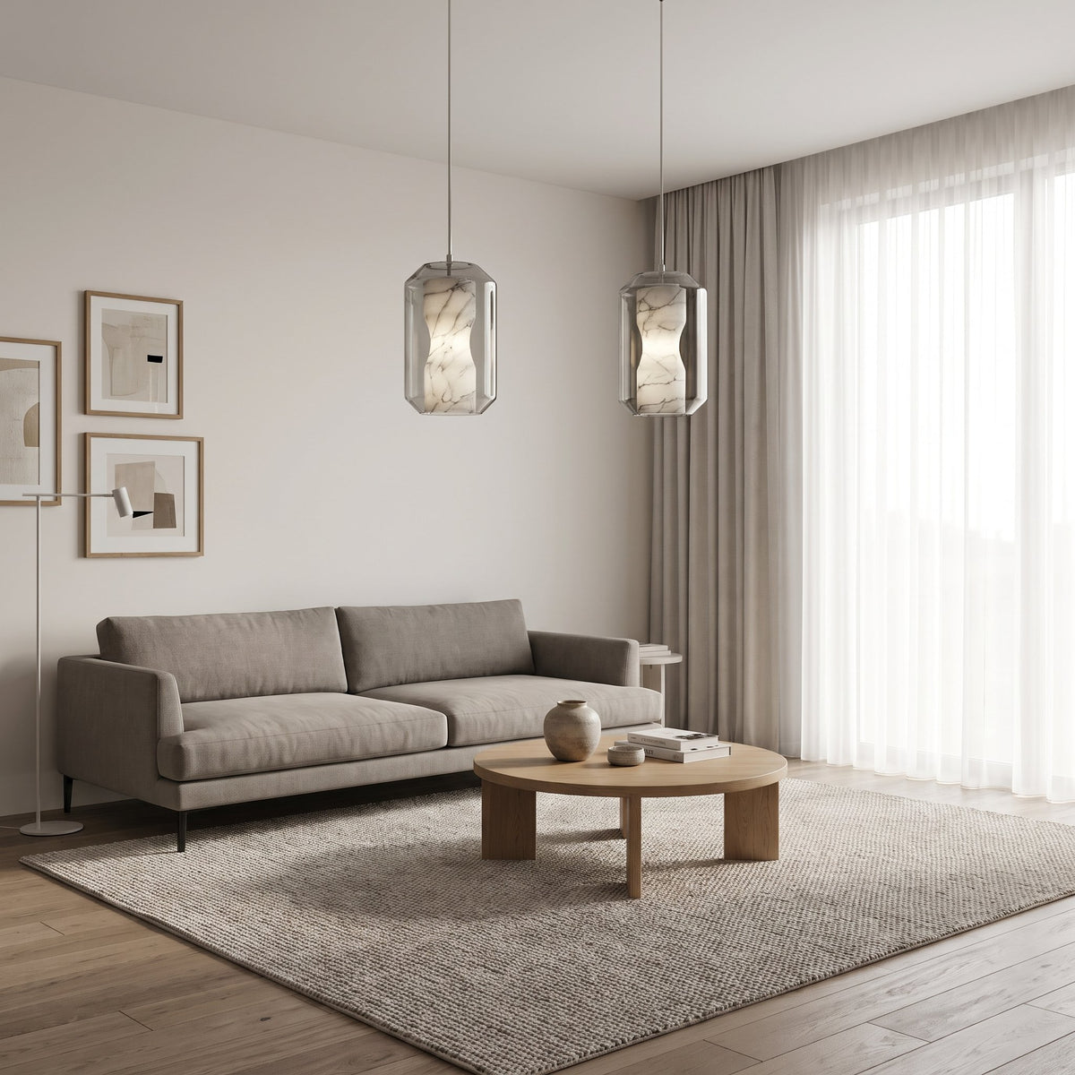 Bozla alabaster glass pendant light styled in a modern British minimalist living room