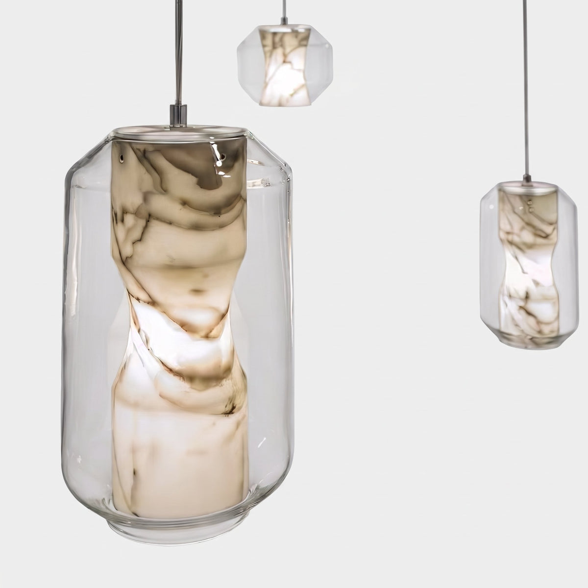 Bozla alabaster glass pendant light, product angle view on white studio background