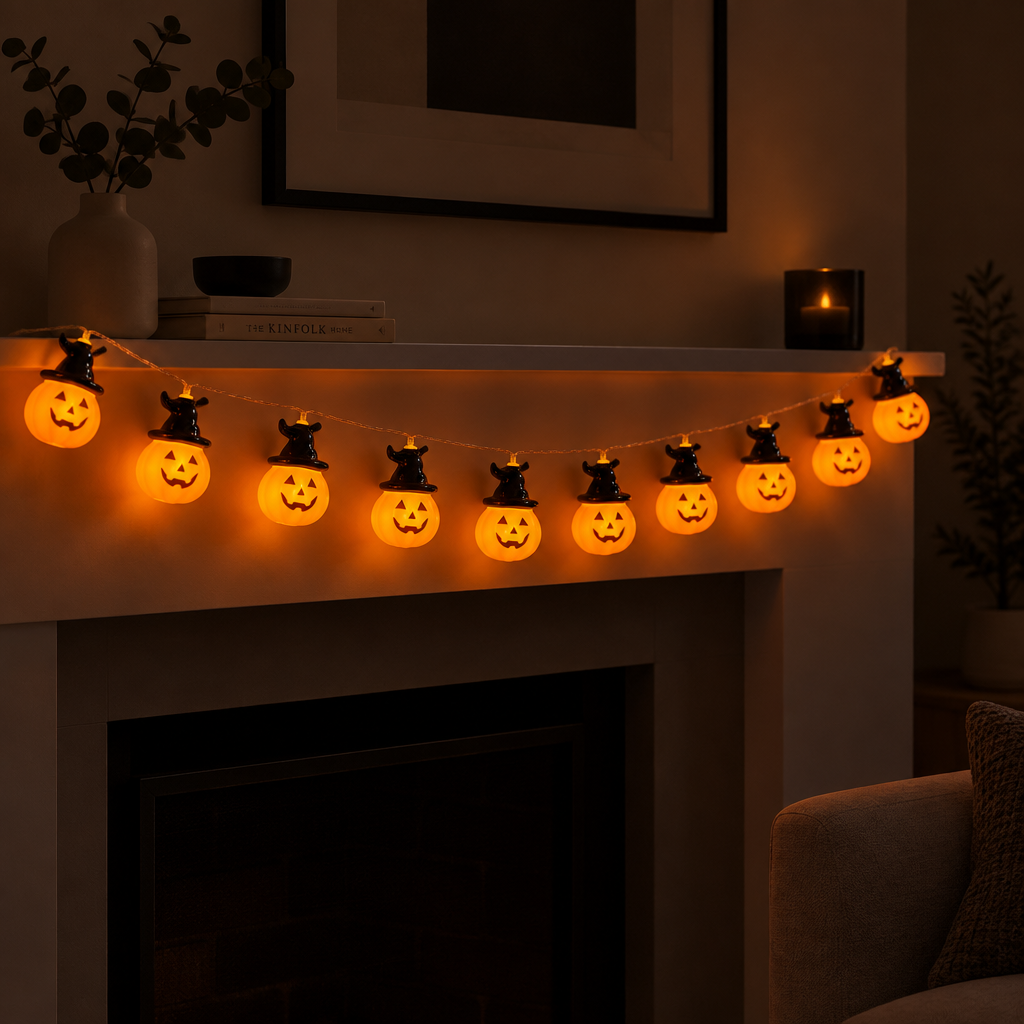 Brimsparks pumpkin-shaped LED string lights draped across a fireplace mantel glowing warmly