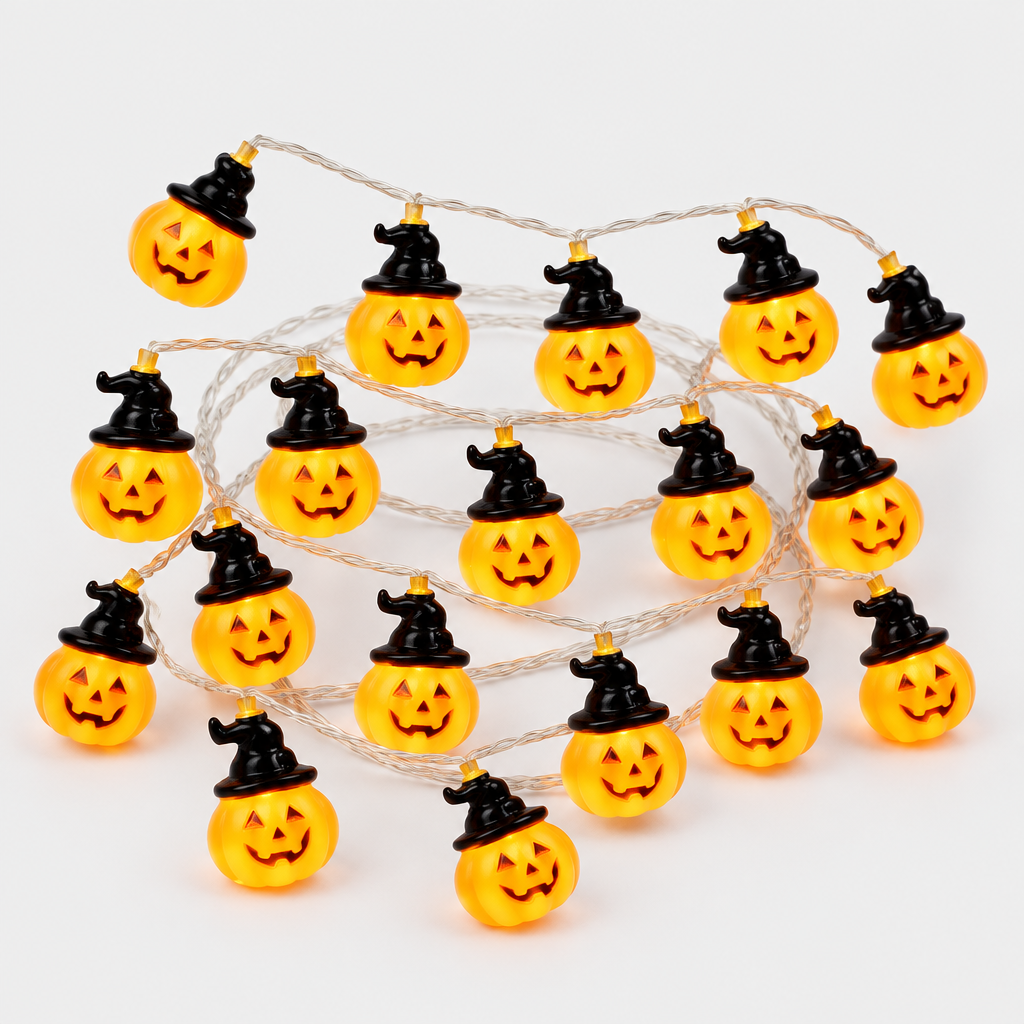 Coiled Brimsparks pumpkin-shaped LED string light showing multiple glowing pumpkin bulbs on a white studio background
