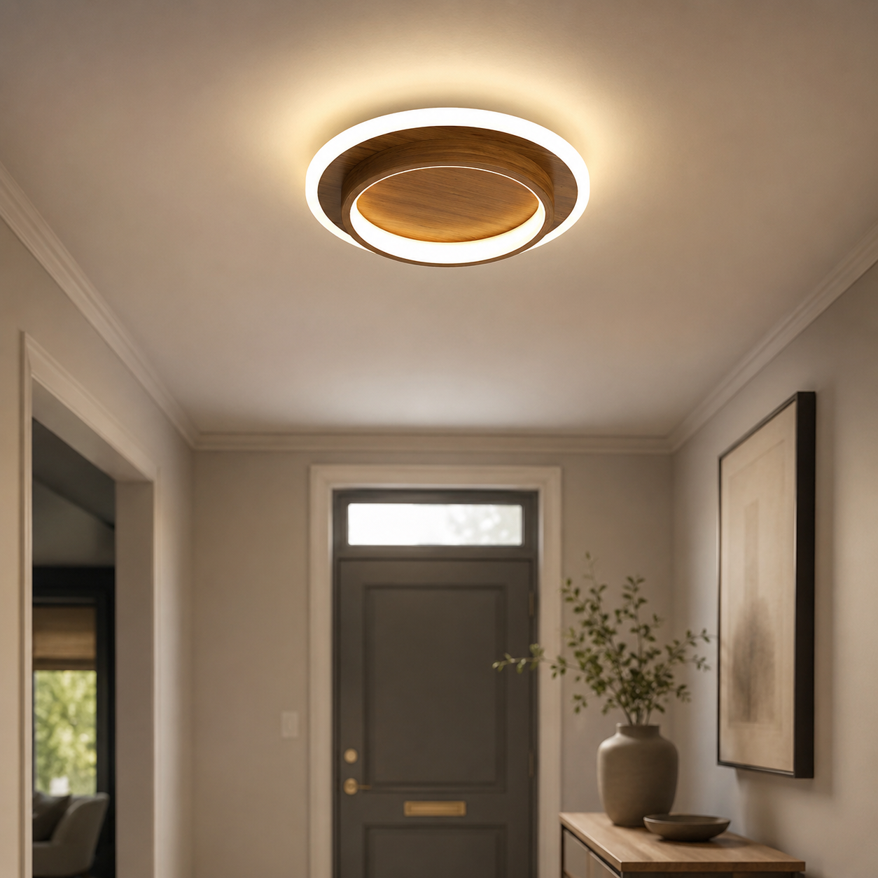 brown modern halo flush mount ceiling light installed in a classic hallway