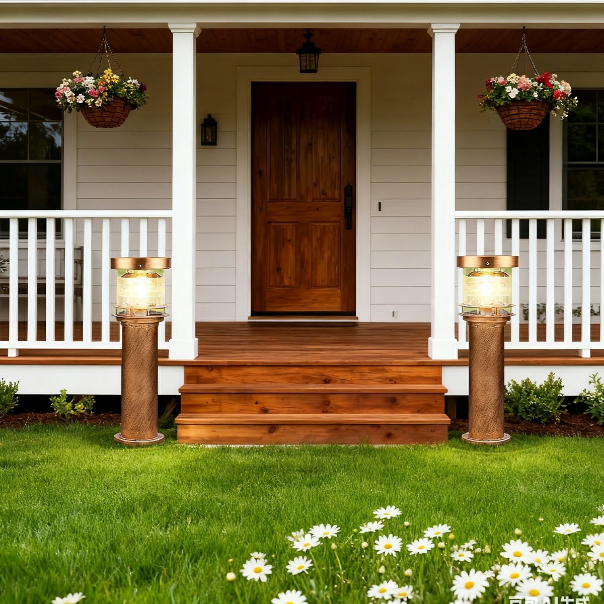 Two bronze bulba outdoor bollard lights beautifully framing the wooden steps of a classic front porch