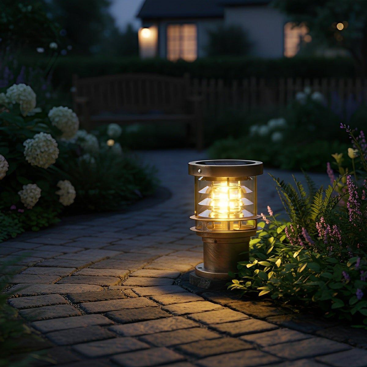 bulba IP65 waterproof bronze bollard light illuminating a dark residential garden path