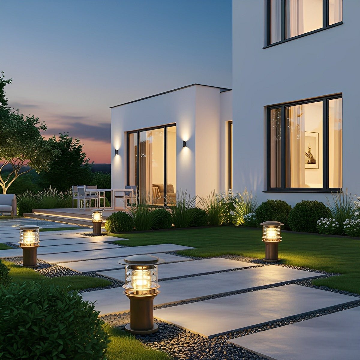Low bronze landscape bulba lighting bollards lining a modern tiled walkway at dusk