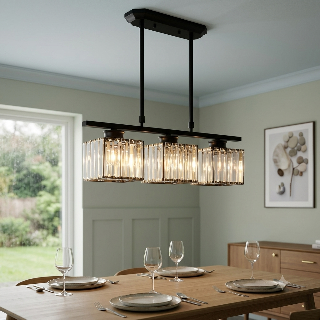 Modern black 3-light linear island butel pendant with square ribbed glass shades suspended over a dining table