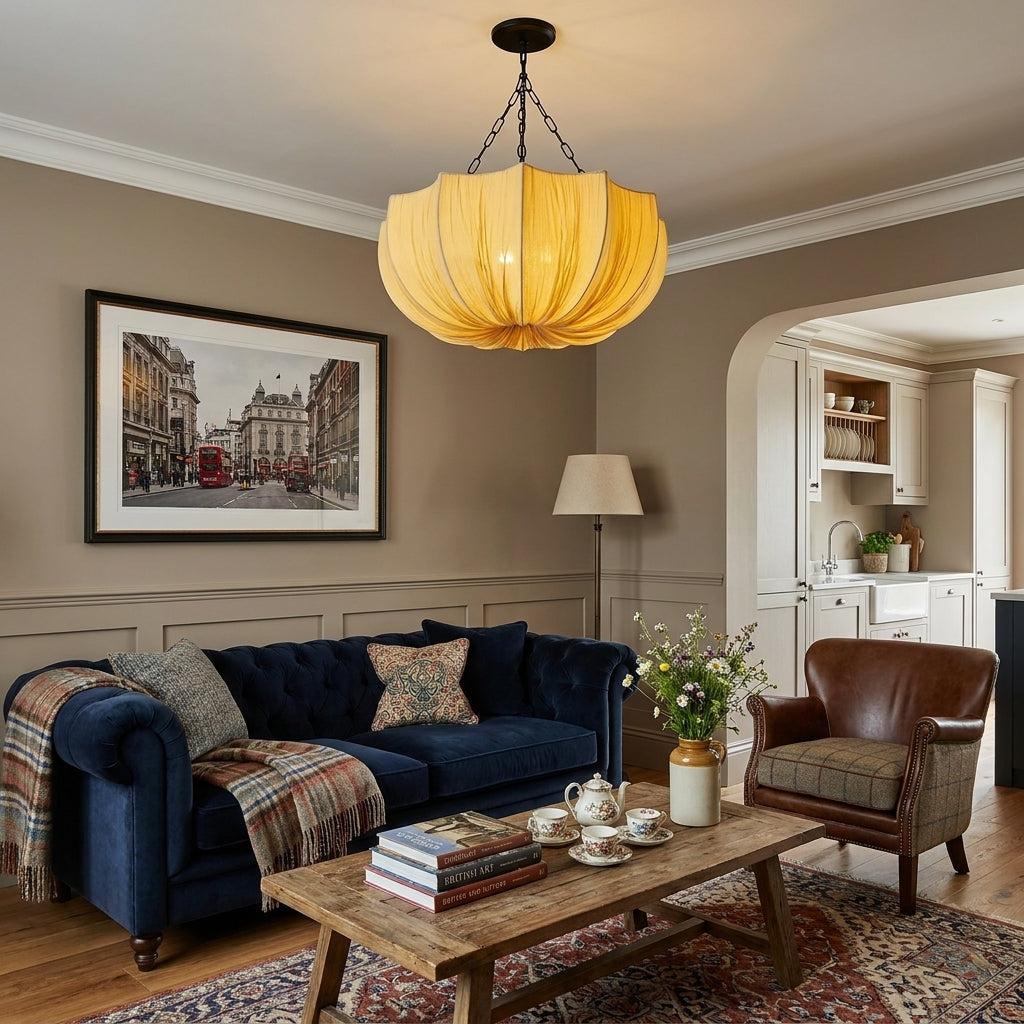 Buvla pleated fabric pendant light lit above a living room seating area with a blue sofa