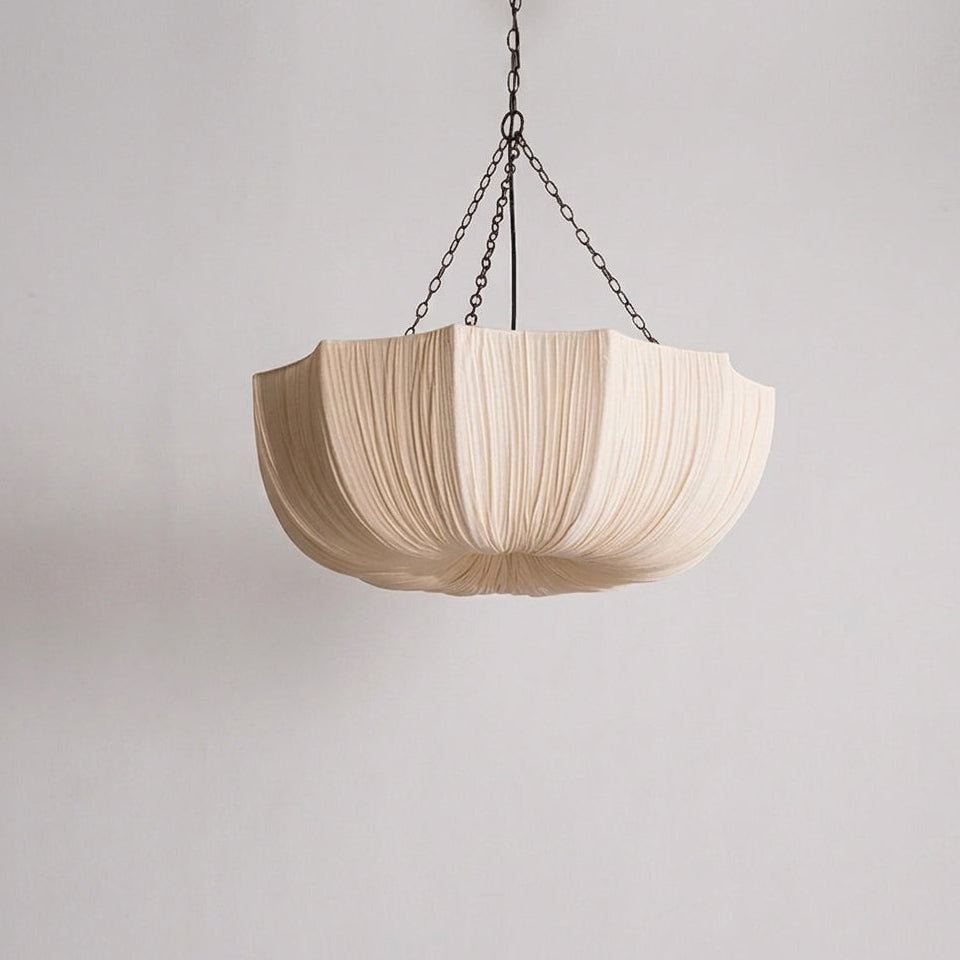 Buvla pleated fabric bowl pendant light, unlit, product shot on a plain background