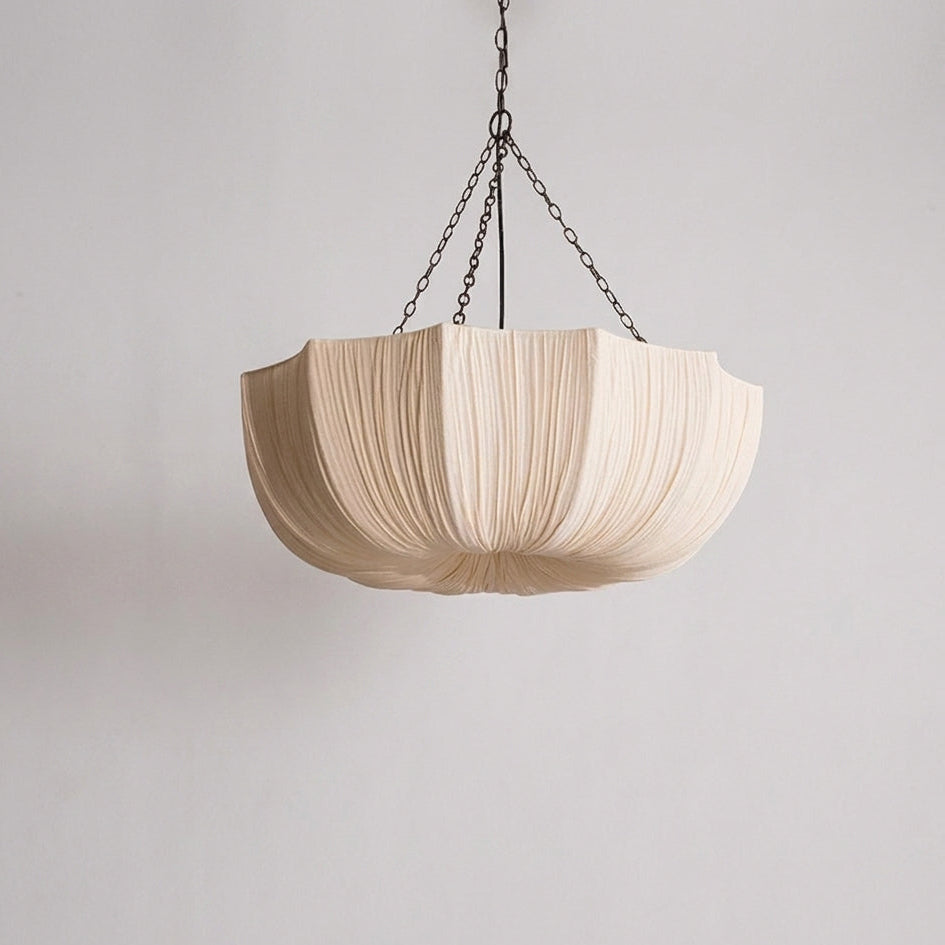 Buvla pleated fabric bowl pendant light, unlit, alternate angle product shot