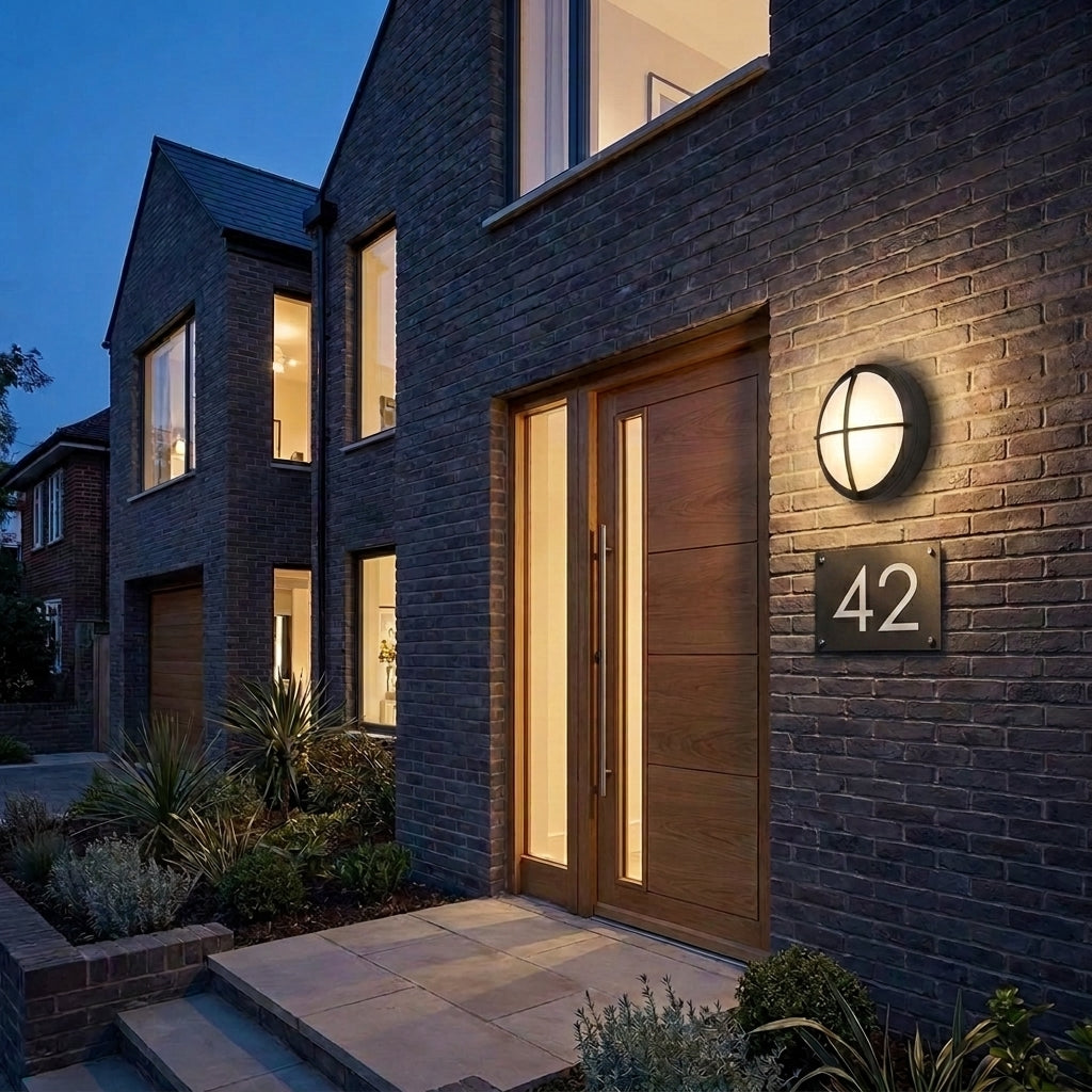 Byrzi outdoor wall light beside a modern angular house facade