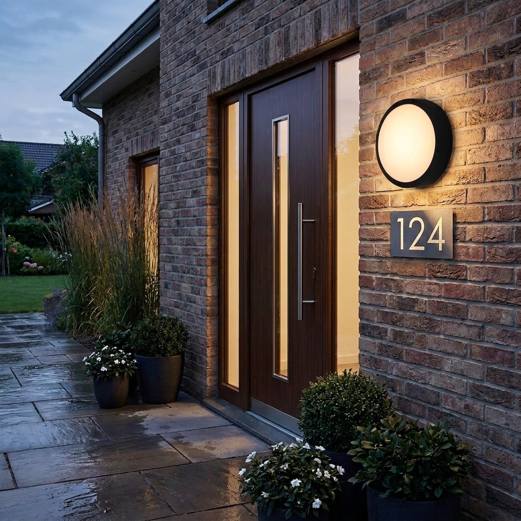 Byrzi outdoor wall light beside a brick house entrance