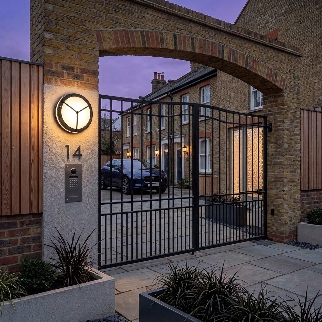Byrzi outdoor wall light mounted on a brick pillar by a wrought iron gate