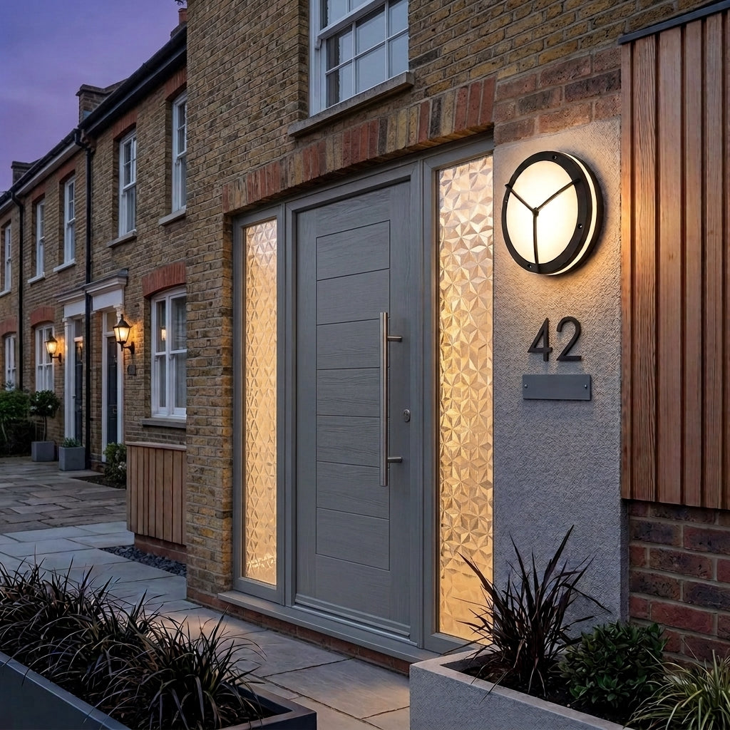 Byrzi outdoor wall light with triangle cutout beside a house door