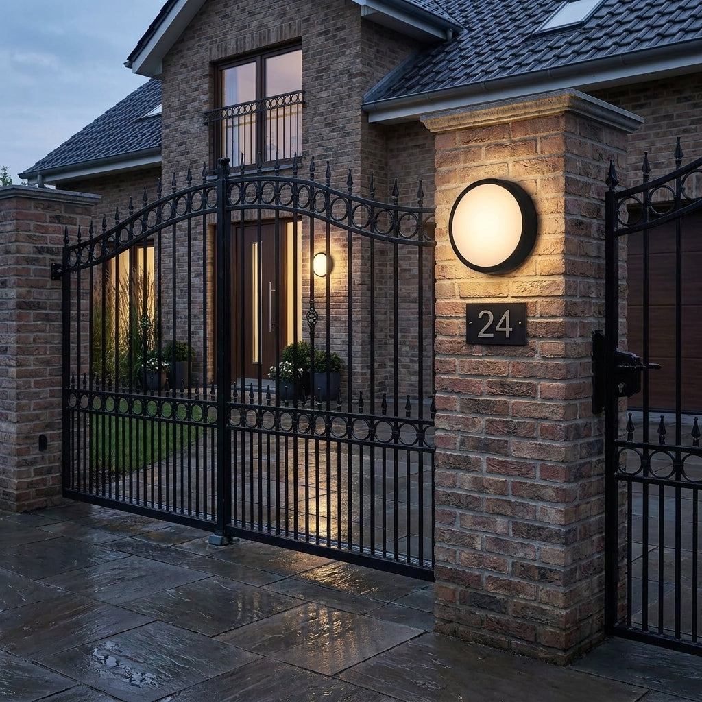 Byrzi outdoor wall light mounted on a brick pillar with iron railings