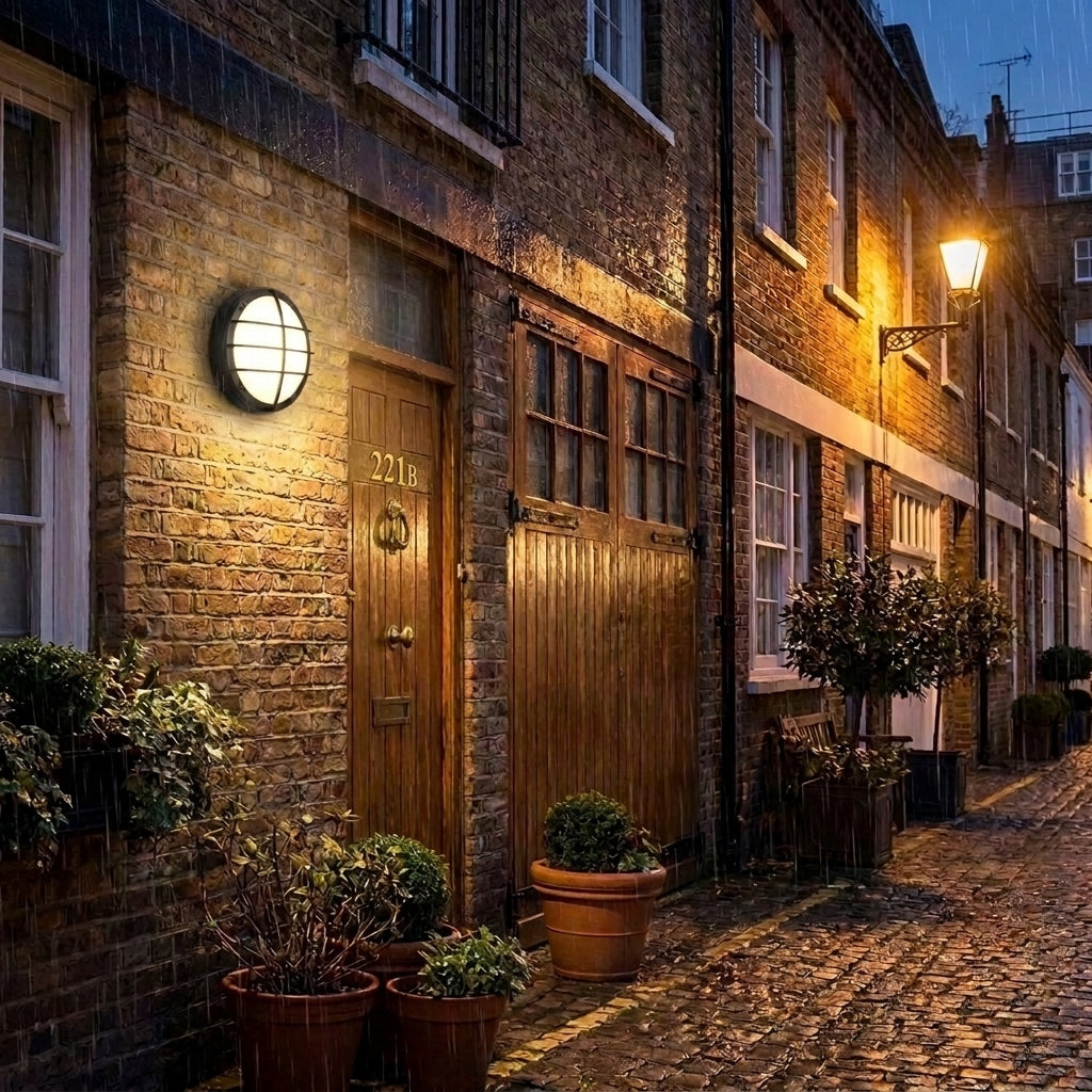 Byrzi outdoor wall light illuminating a london house entrance