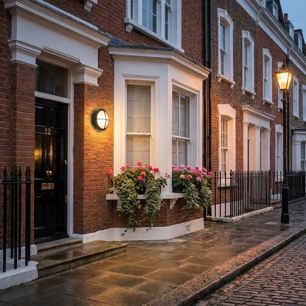Byrzi outdoor wall light illuminating a house entrance at dusk