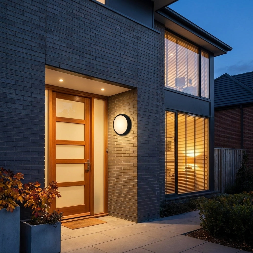Byrzi outdoor wall light beside a timber-clad house entrance with warm interior glow