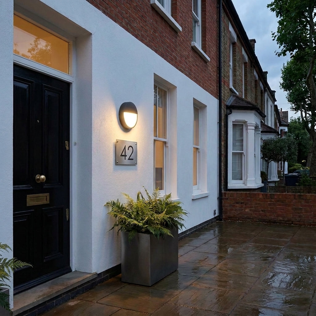 Byrzi outdoor wall light illuminating a wet entrance pathway at dusk