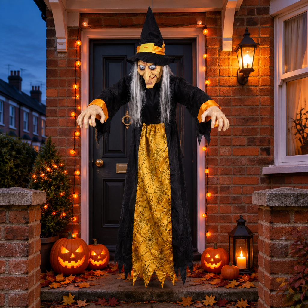 Cacklepost animated hanging witch prop on a British Halloween porch entrance at dusk