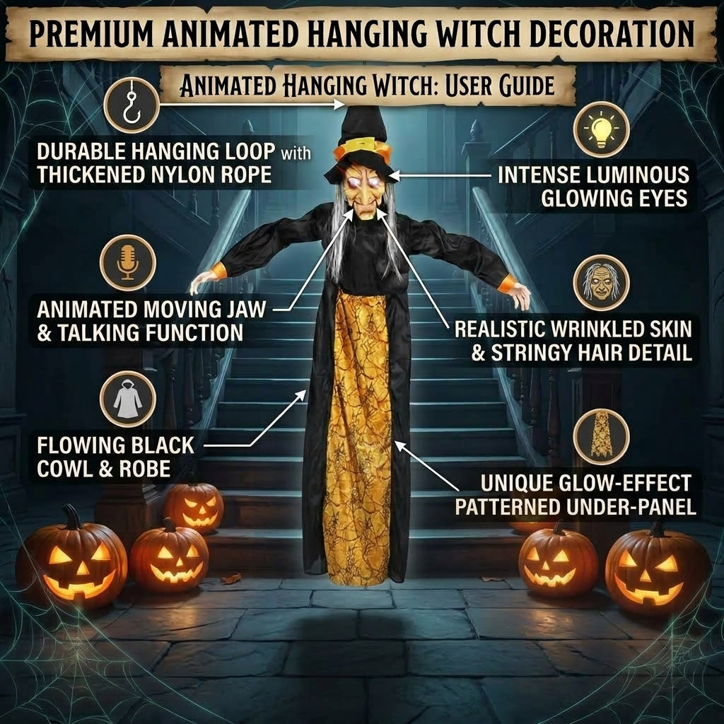 Cacklepost hanging witch prop displayed among Halloween pumpkins on a staircase