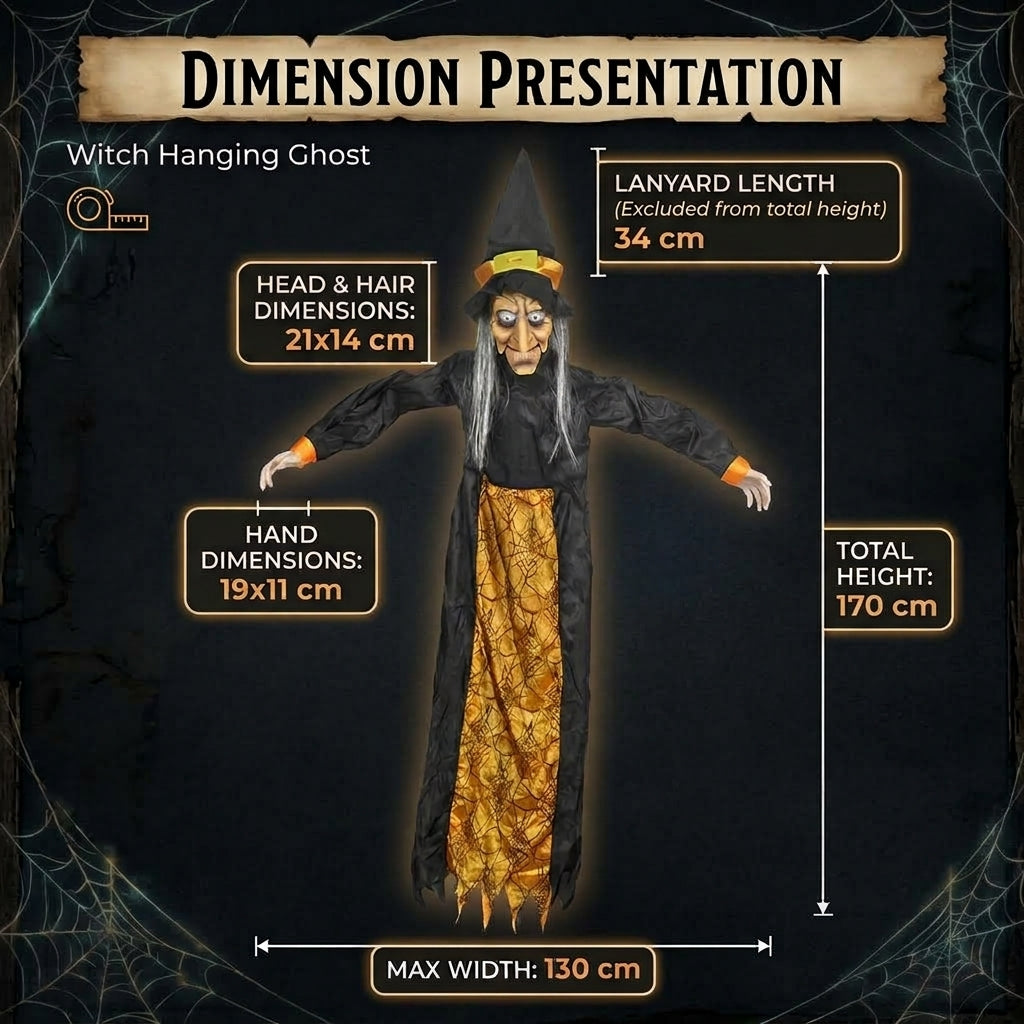 Cacklepost hanging witch prop size chart, 170cm height by 130cm arm span