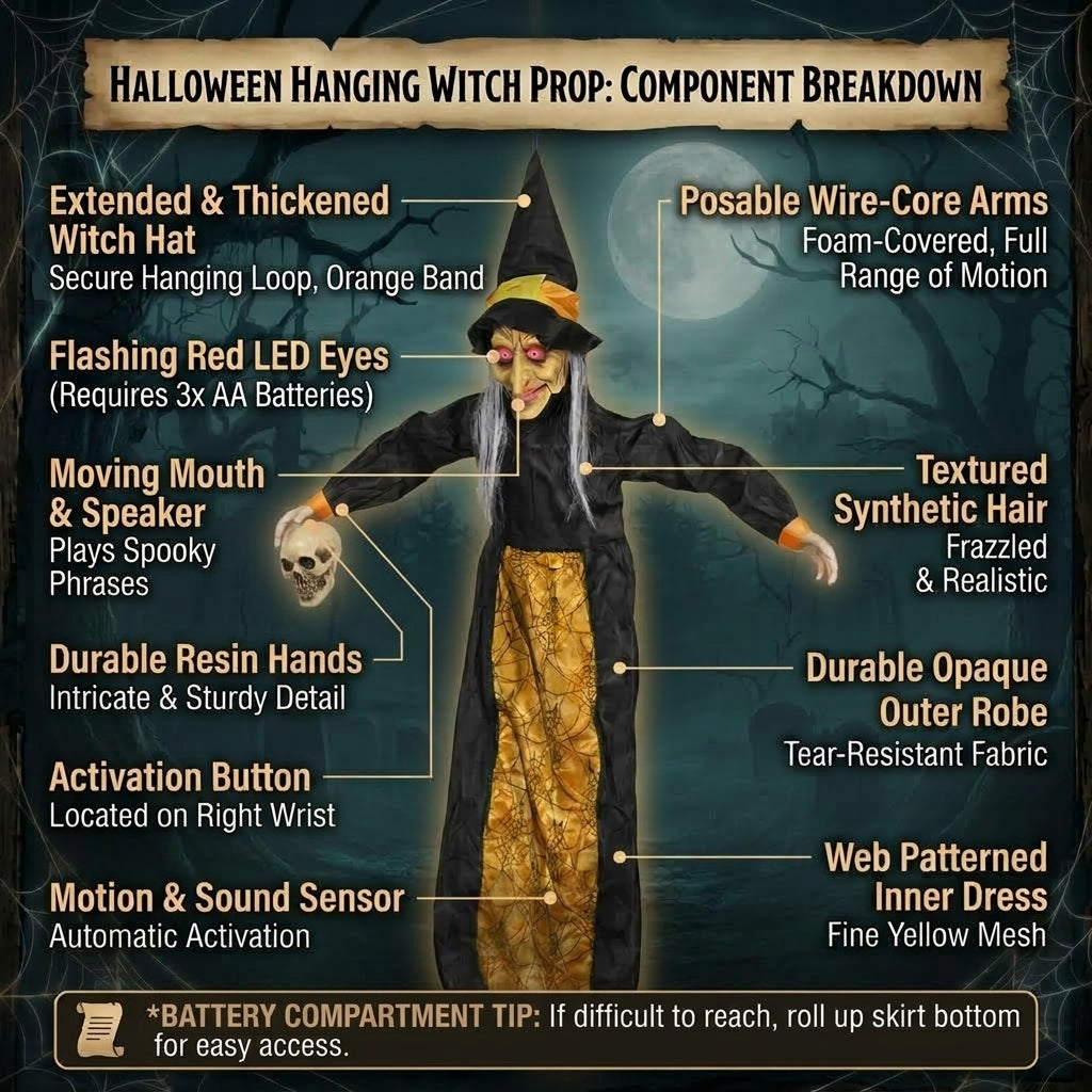 Cacklepost witch prop feature breakdown showing light-up eyes, moving mouth and press-button activation