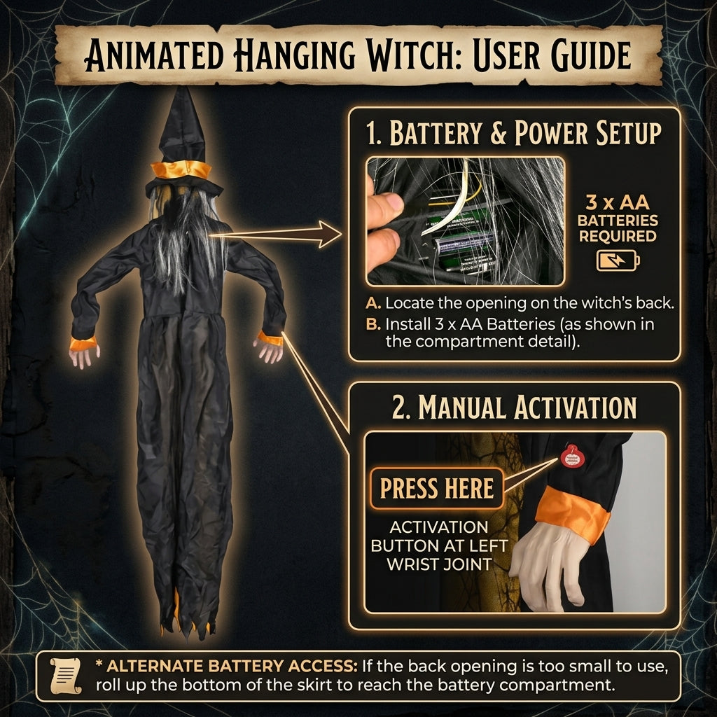 Cacklepost witch prop battery compartment and press-button detail