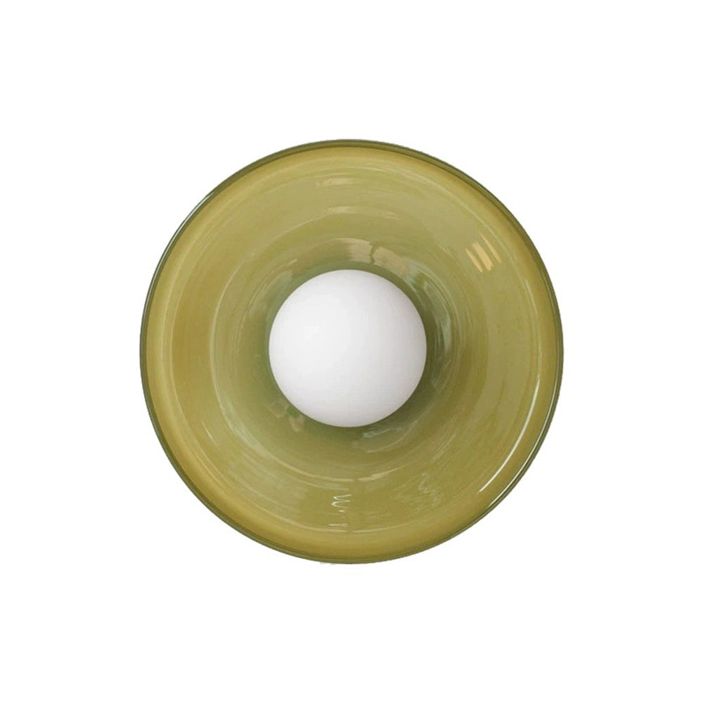 Close-up of the olive green round glass cenas ceiling fixture highlighting its glossy finish