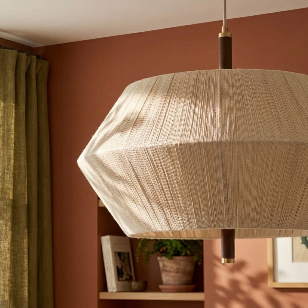 Close-up of Ceqo pendant light showing the woven cotton shade and oak rod