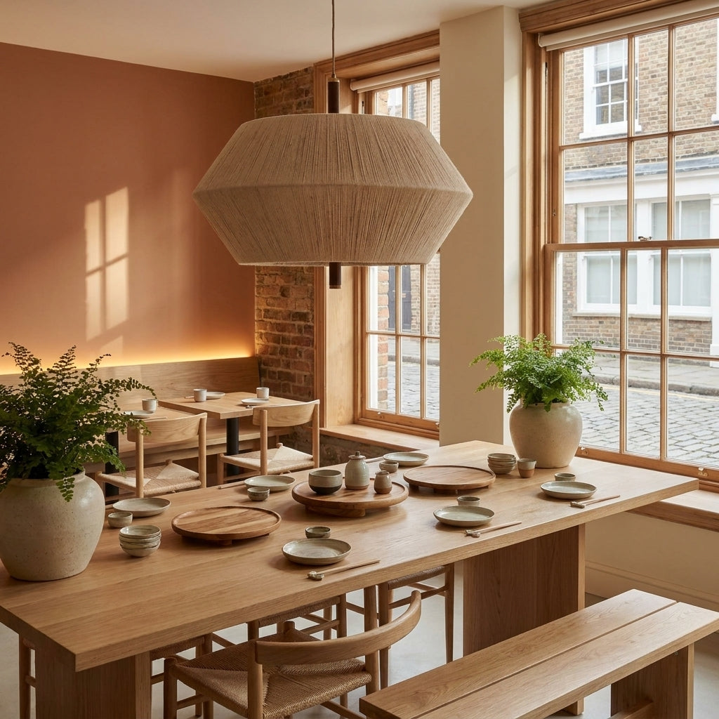 Ceqo pendant lights above a dining table in a British japandi restaurant cafe