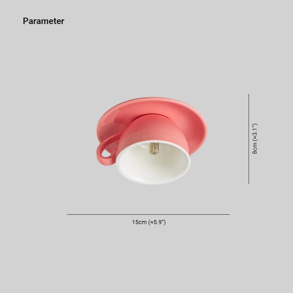Dimensions guide for the ceramic teacup ceiling light showing a 15cm width and 8cm drop height