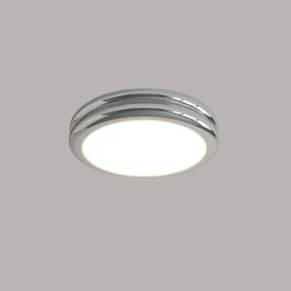 Chrome silver LED flush mount ceiling fixture with a high-transmission acrylic diffuser