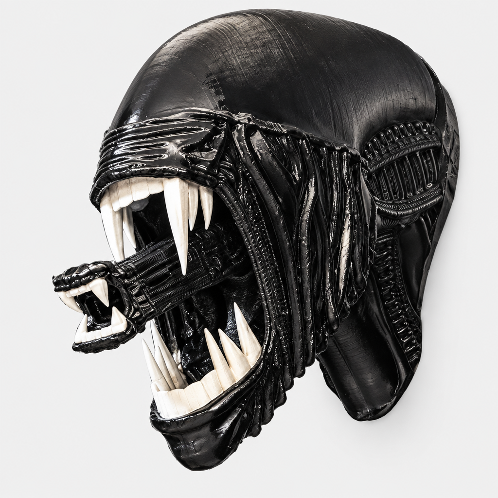 Close-up of Chrysalis alien xenomorph wall sculpture's fanged head and inner jaw detail